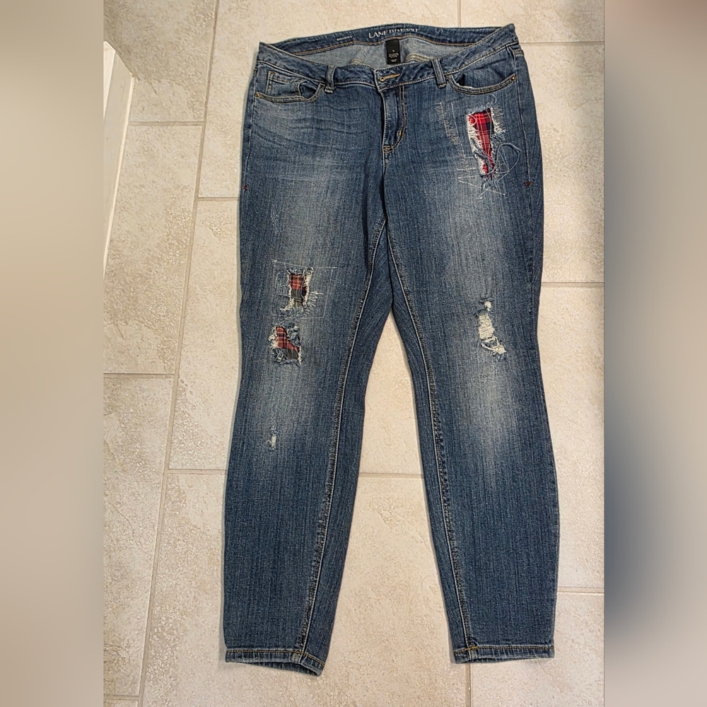 Lane Bryant Skinny Jeans- Distressed & Plaid Details- Size 16- Medium Blue Wash